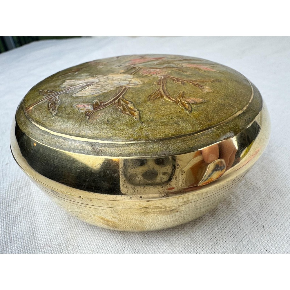 Vintage Brass Champleve Trinket Compact Bowl Bird Floral Enamel Lid Jewelry Box - Picture 6 of 11